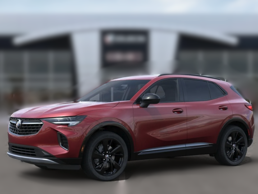 Red 2023 Buick Envision Essence SUV parked in front of Crain Buick GMC in Conway, Arkansas